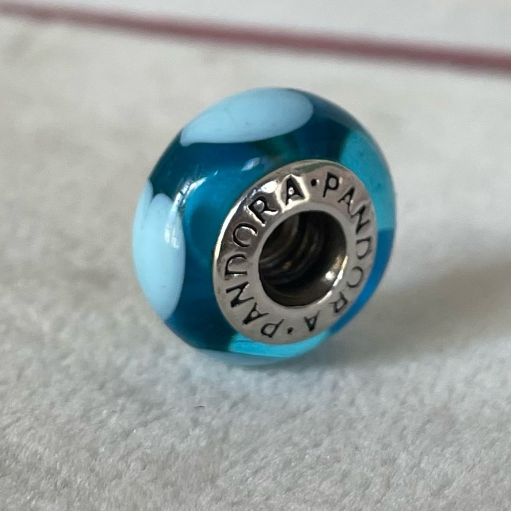 Pandora Teal Glass Charm with White Dots